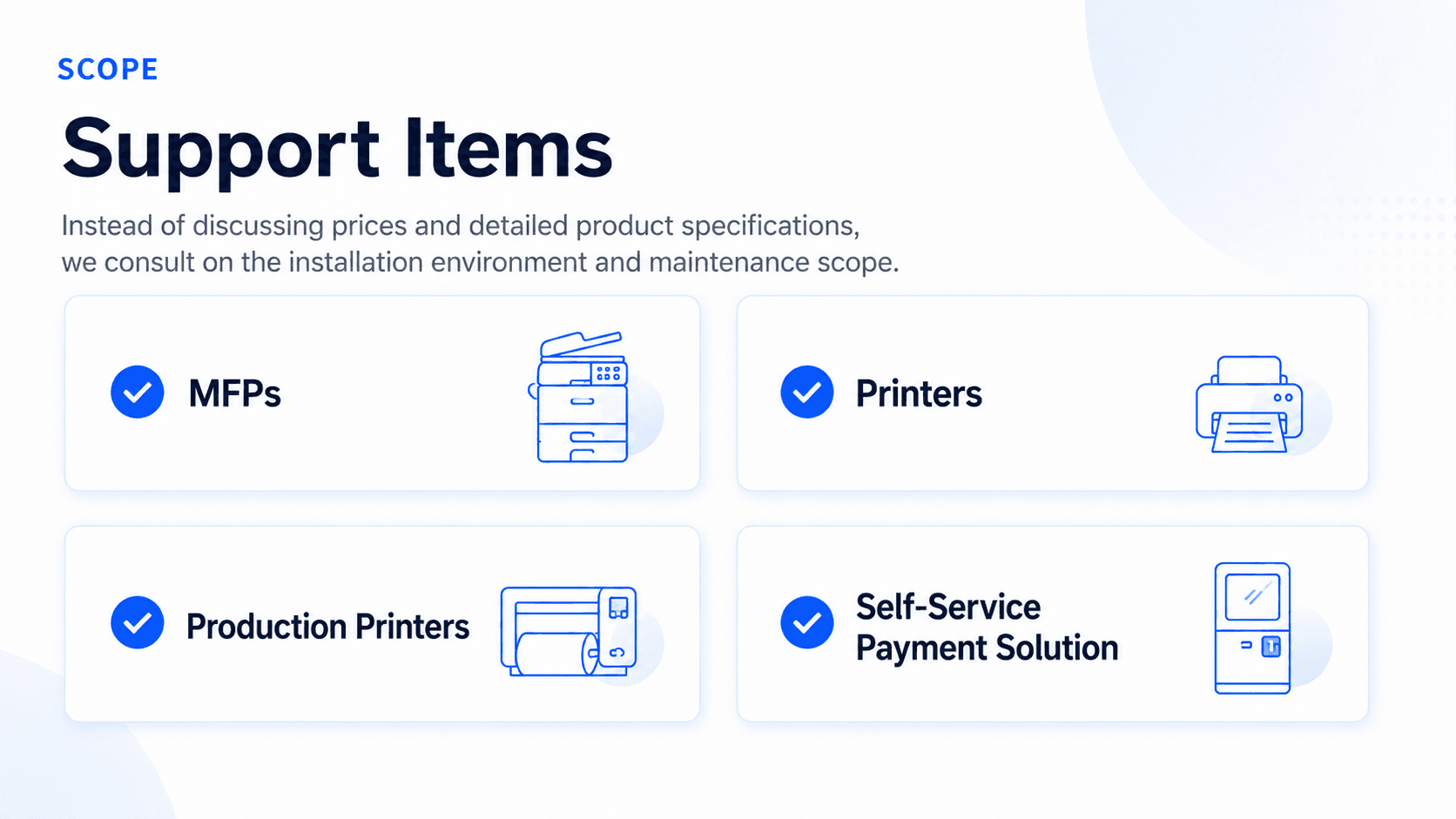 Office Equipment Rental and Purchase support items
